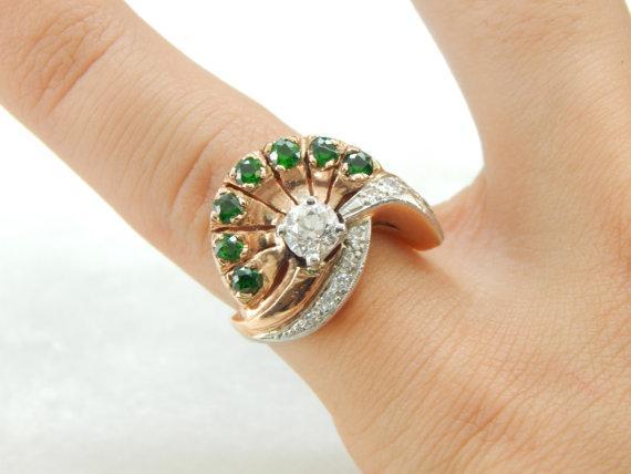 Retro Era Diamond and Demantoid Garnet Rose Gold Cocktail Ring