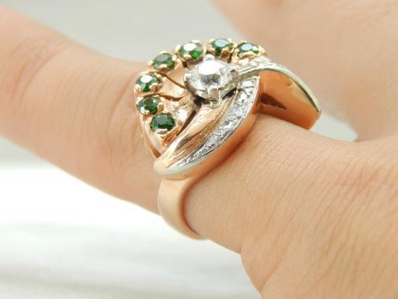 Retro Era Diamond and Demantoid Garnet Rose Gold Cocktail Ring