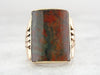 Rose Gold and Moss Agate Mens or Ladies Rare Barrel Cut RIng