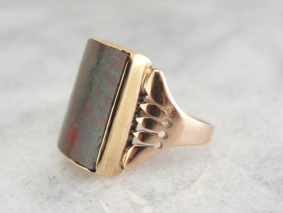 Rose Gold and Moss Agate Mens or Ladies Rare Barrel Cut RIng