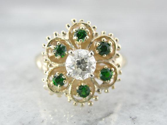 Demantoid Garnet and Diamond Ladies Cocktail Ring