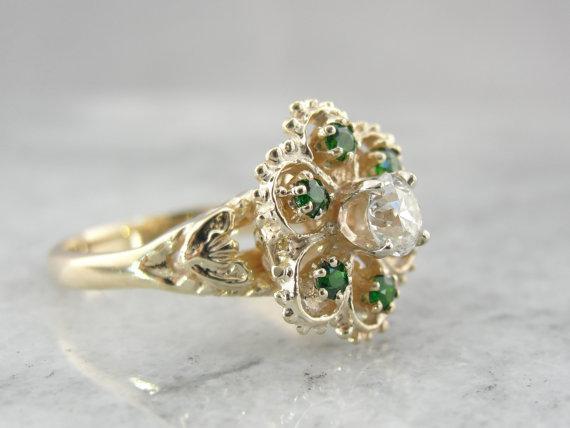 Demantoid Garnet and Diamond Ladies Cocktail Ring