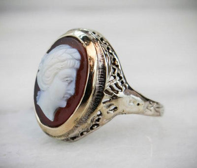 Art Deco Filigree and Unique Stone Cameo Ring