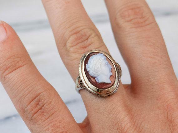 Art Deco Filigree and Unique Stone Cameo Ring