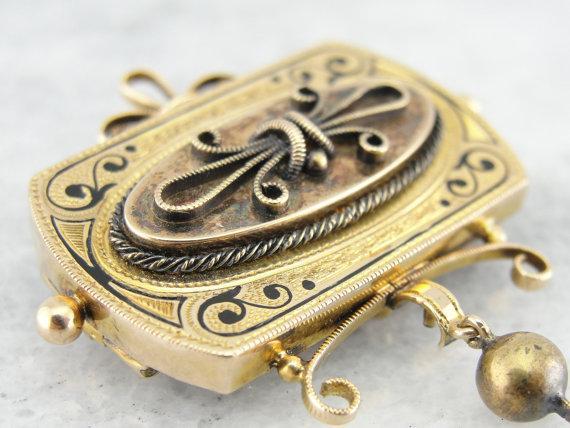 Victorian Black Enamel Gold Brooch