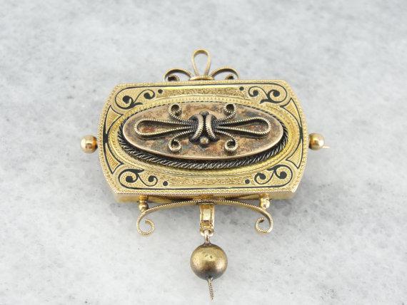 Victorian Black Enamel Gold Brooch