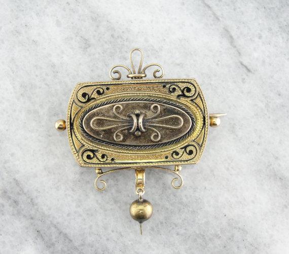 Victorian Black Enamel Gold Brooch