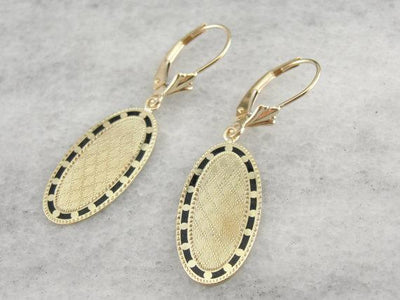 Oval Cufflink Gold Drop Earrings with Black Enamel Accents