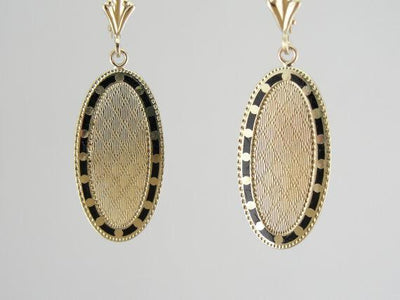 Oval Cufflink Gold Drop Earrings with Black Enamel Accents