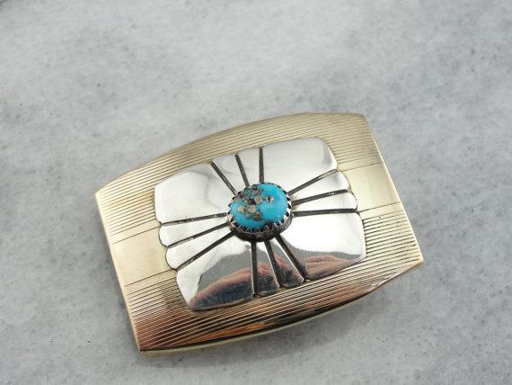 Turquoise, Silver and Retro Era Gold Fill Pieces Belt Buckle