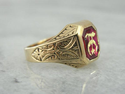 Engraved Masonic Ring with Shriner's Symbol on Synthetic Ruby