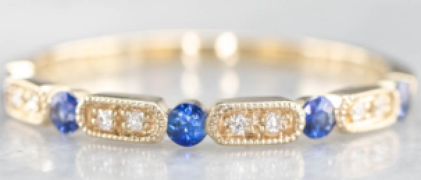 MAF65V7P 14K Yellow Gold Diamond and Sapphire Alternating Band, Round and Rectangle 1/2 Band Pattern, 2mm Wide, Size 6.75