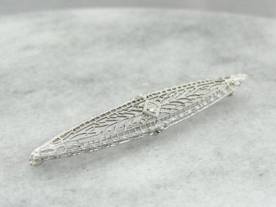 White Gold Lace Filigree Pin with Diamond Center