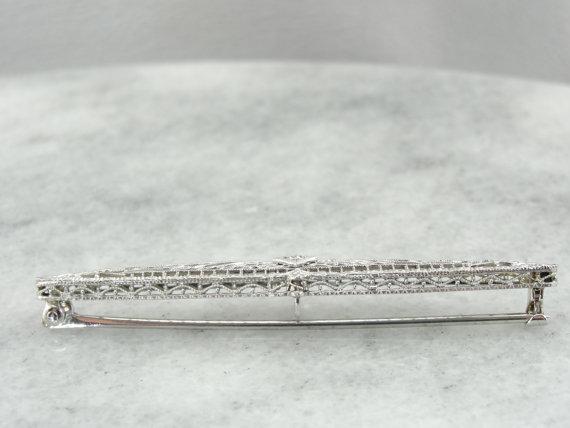 White Gold Lace Filigree Pin with Diamond Center