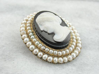 Victorian Mourning Cameo Seed Pearl Brooch
