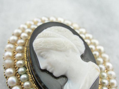 Victorian Mourning Cameo Seed Pearl Brooch