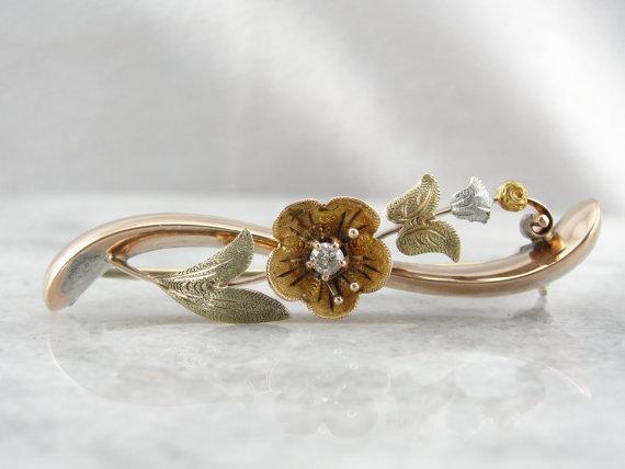 Floral Branch and Leaves Antique Gold Bar Pin