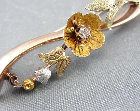 Floral Branch and Leaves Antique Gold Bar Pin