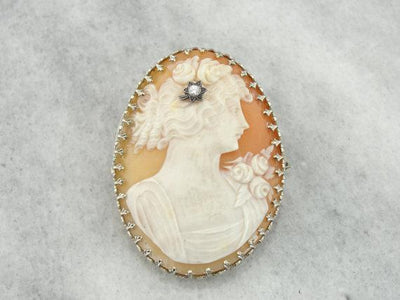 Antique Art Deco Cameo Brooch or Pendant with Diamond
