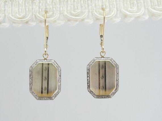 Green Gold Drop Earrings with White Gold Accents