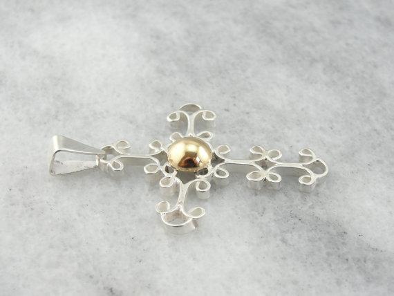 Sterling and 14 Karat Gold Simple Filigree Cross
