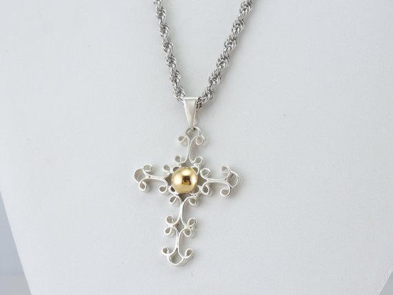 Sterling and 14 Karat Gold Simple Filigree Cross