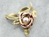 Green and Pink Gold Rose Brooch with Pretty Pearl Center