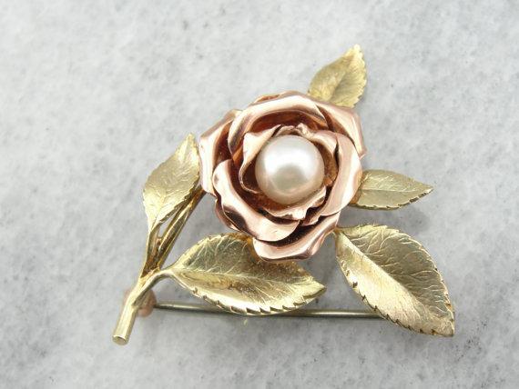 Green and Pink Gold Rose Brooch with Pretty Pearl Center