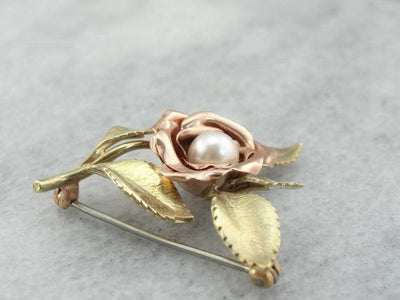 Green and Pink Gold Rose Brooch with Pretty Pearl Center