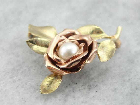 Green and Pink Gold Rose Brooch with Pretty Pearl Center