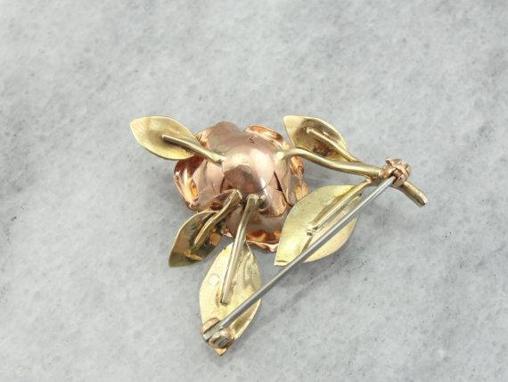 Green and Pink Gold Rose Brooch with Pretty Pearl Center