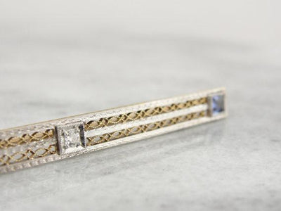 Art Deco Old Mine Cut Gold Filigree Bar Pin