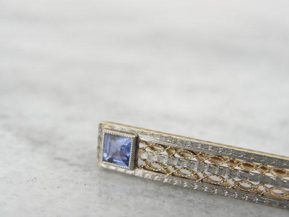 Art Deco Old Mine Cut Gold Filigree Bar Pin