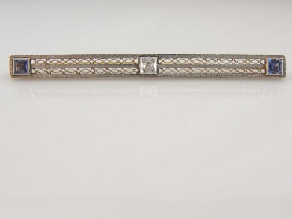 Art Deco Old Mine Cut Gold Filigree Bar Pin
