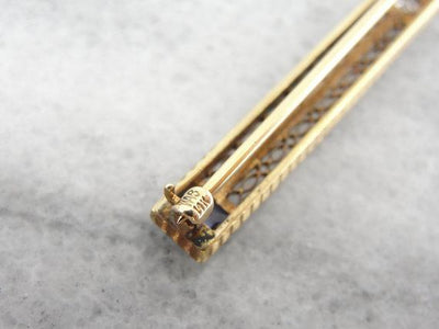 Art Deco Old Mine Cut Gold Filigree Bar Pin