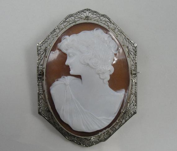 White Gold FIligree Art Deco Cameo Pin
