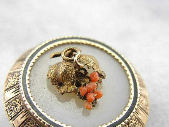 White Onyx and Coral Brooch with Bacchus Grape Bunch Motif