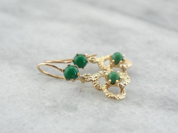 Gold Love Knot and Green Turquoise Drop Earrings