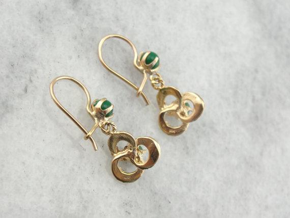 Gold Love Knot and Green Turquoise Drop Earrings