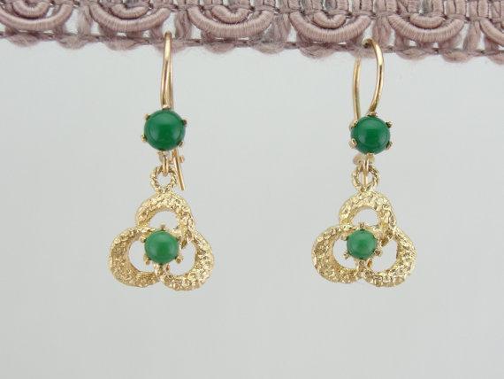 Gold Love Knot and Green Turquoise Drop Earrings