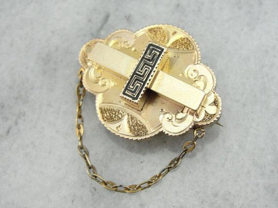 Victorian Rose Gold Brooch with Greek Key Enamel