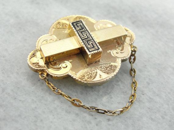 Victorian Rose Gold Brooch with Greek Key Enamel