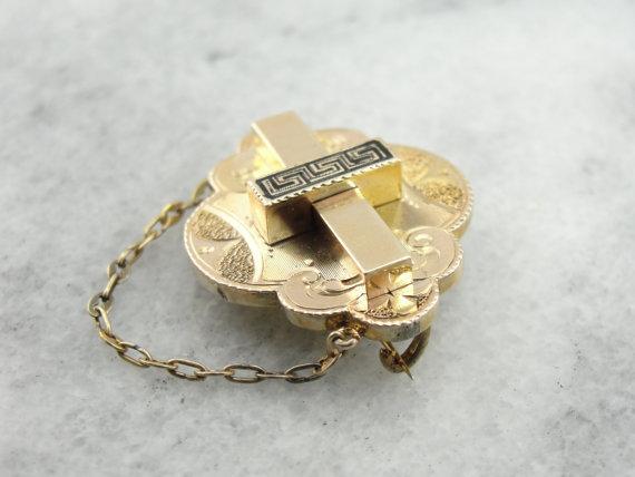 Victorian Rose Gold Brooch with Greek Key Enamel