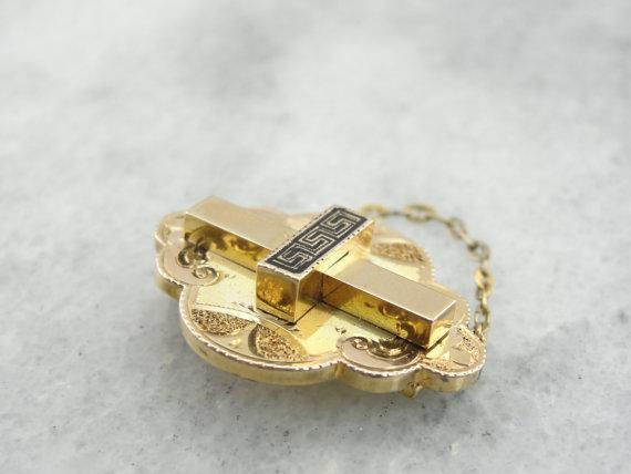 Victorian Rose Gold Brooch with Greek Key Enamel