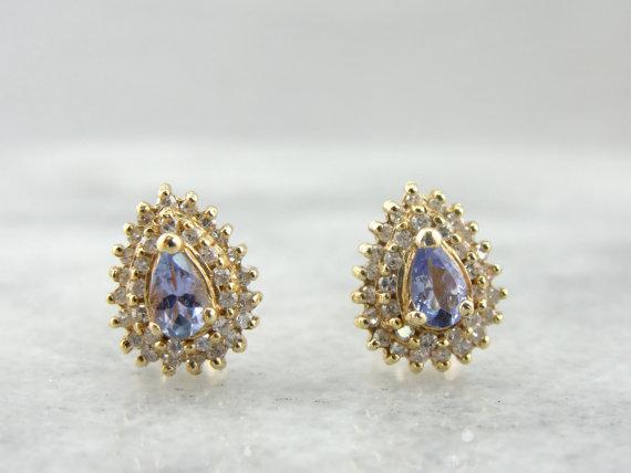 Aretes con halo doble de diamantes y tanzanita