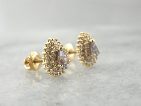 Aretes con halo doble de diamantes y tanzanita