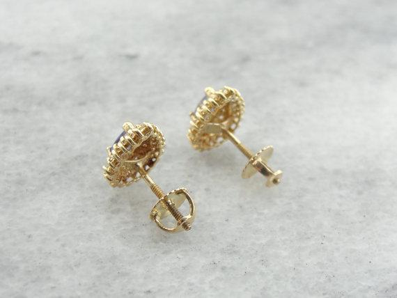 Aretes con halo doble de diamantes y tanzanita