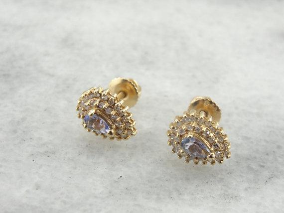 Aretes con halo doble de diamantes y tanzanita