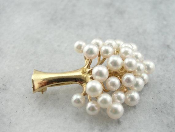 Pearl and 14K Yellow Gold Tree Brooch