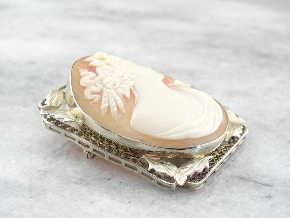Fine White Shell Cameo in Filigree Frame
